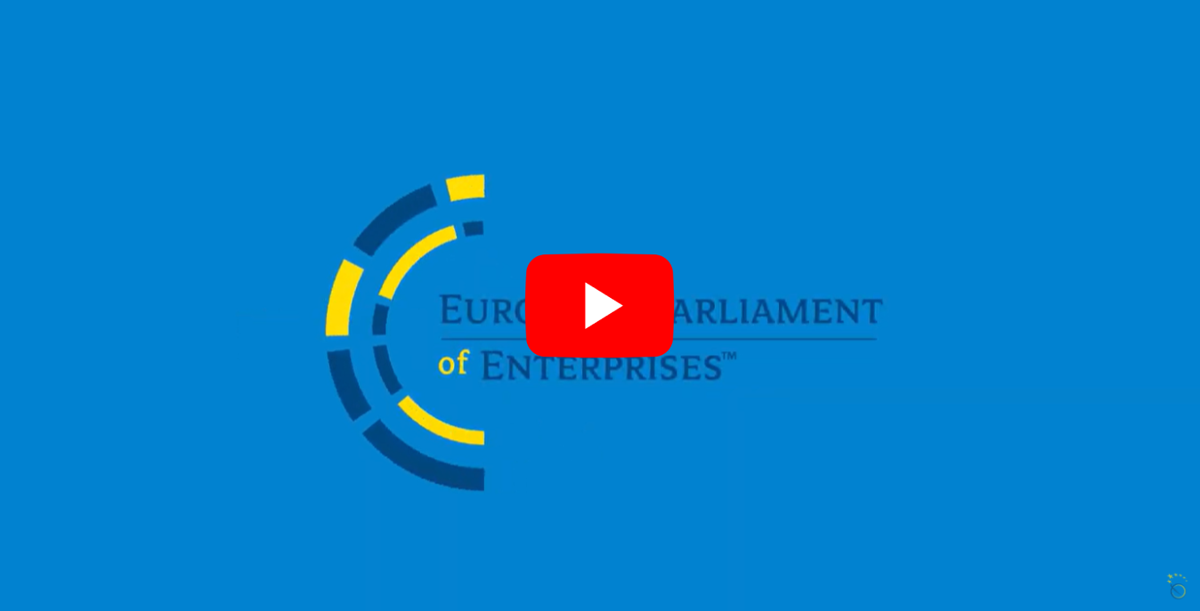 Logo wydarzenia European Parliament of Enterprises na niebieskim tle