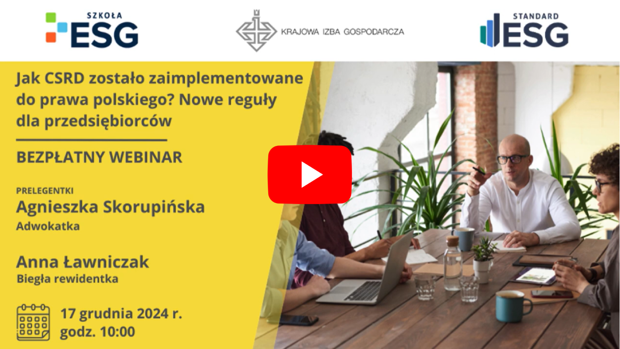 Plansza startowa webinaru Jak CSRD zostało zaimplementowane do polskiego prawa